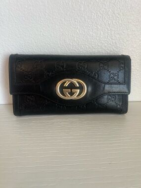 Gucci Black Embossed Leather Continental Wallet with Gold GG